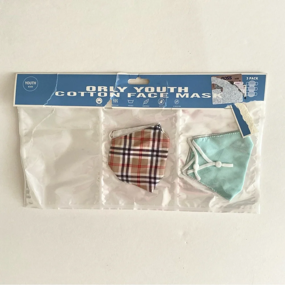 NWT Orly Youth Cotton Face Masks Multicolor Printed 3 Pack + 2 Pack Face Covers